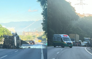 Caminhão tomba, derrama etanol deixando pista bloqueada