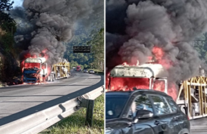Incêndio destrói caminhão-cegonha carregado de carros na Régis Bittencourt, SP