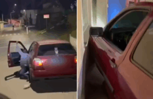 Motorista abandona direção sobe em teto de carro em bate em casa.