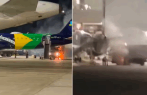 Caminhão pega fogo na pista do aeroporto de Viracopos em Campinas.