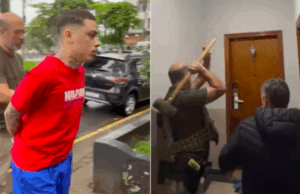 Polícia arromba porta e prende suspeito de chefiar esquema de golpes bancários.