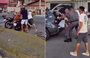 Mulher é espancada pelo marido até desmaiar em avenida do litoral de SP.